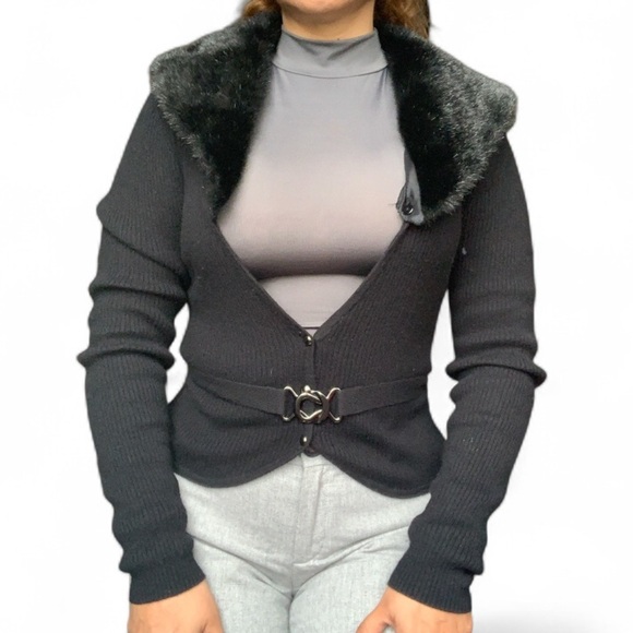 Guess by Marciano Black Cardigan with Faux Fur Collar - Picture 6 of 8